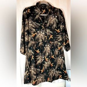 FAB'RIK Women's Long Sleeve Black Gold Bird Dress Lined Midi Button Up Sz Small